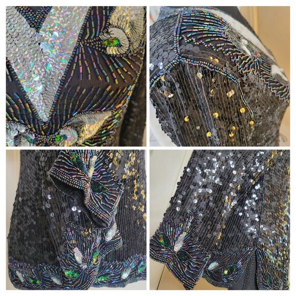 VTG Hina Trading Co. Silk Sequin Beaded Irredescent Long Sleeve Formal Blouse✨️M - Picture 8 of 16
